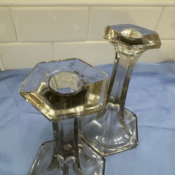 Vintage Crystal Glass Candlestick Holders Set of Two Hexagon Base Flute Design - Picture 5 of 8